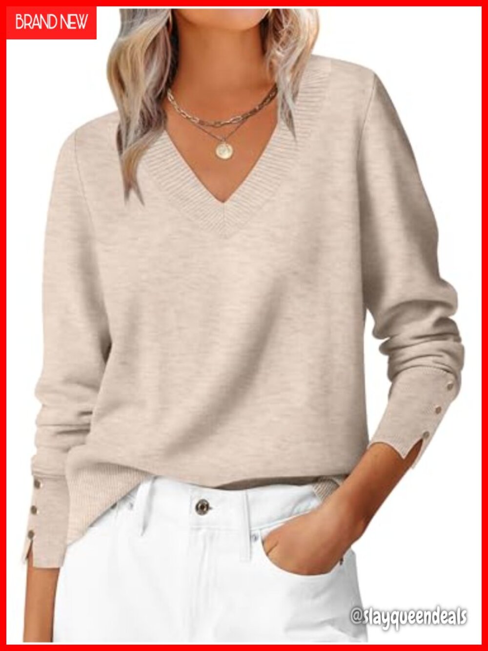 Women's Lightweight Knit V-Neck Pullover Sweater Long Sleeve Ribbed Cuff